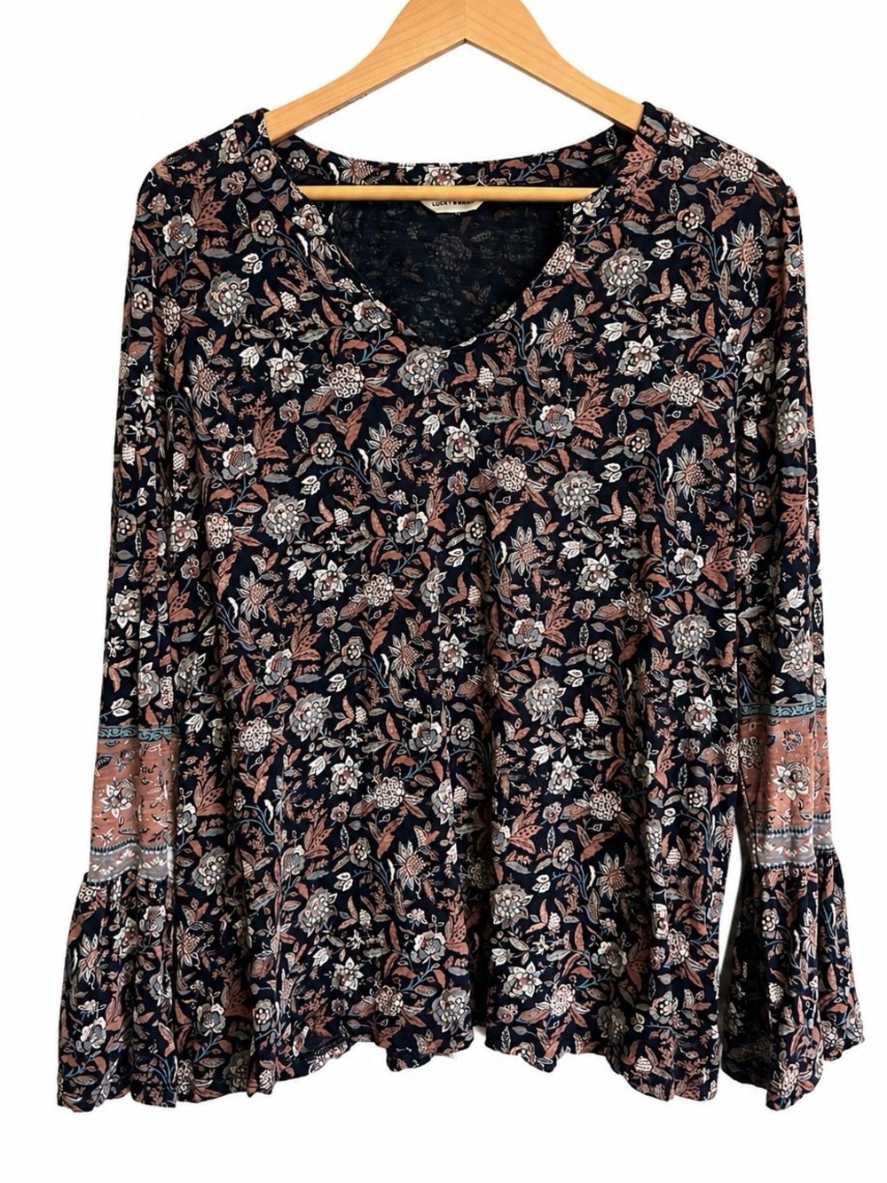 Lucky Brand Boho Floral Top Bell Sleeve Peasant Blouse XL